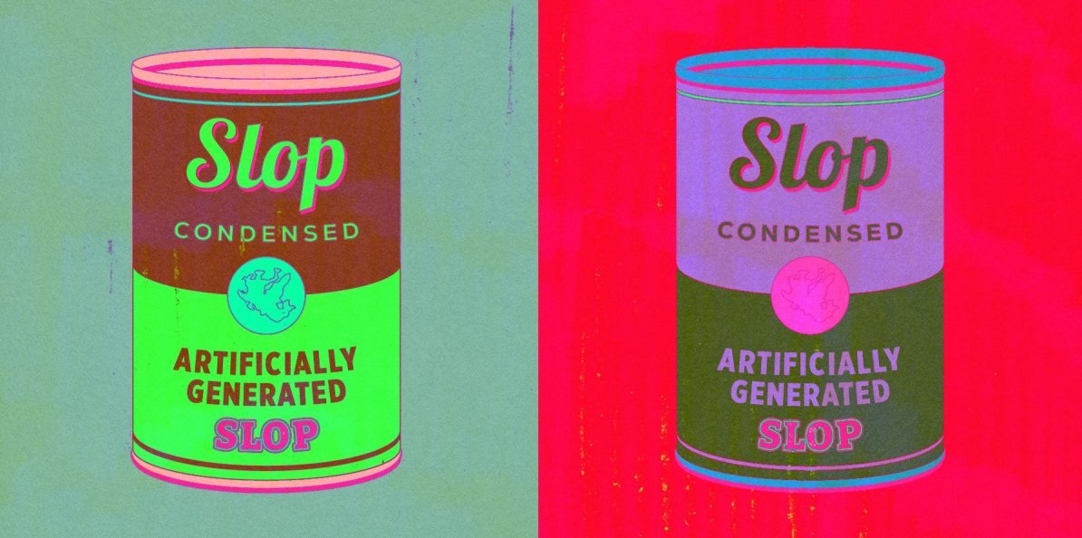 Soup cans in the style of Andy Warhol labelled "AI Slop" illustration by Allie Sullberg