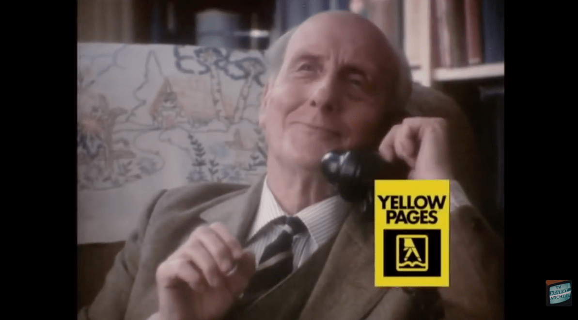 Screen grab of 1980s Yellow Pages ad featuring JR Hartley