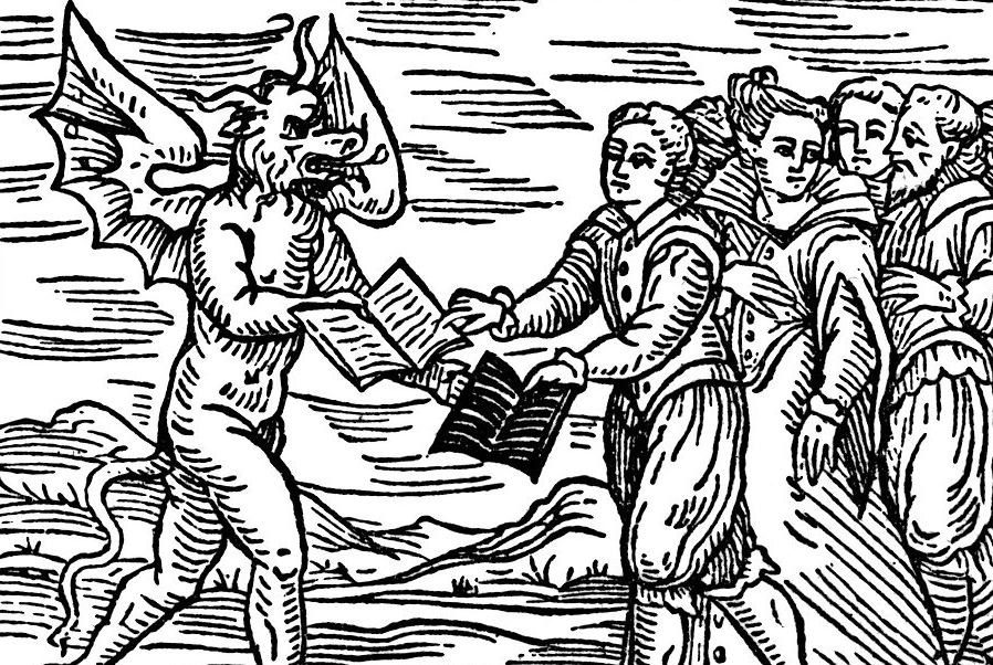 A woodcut from the Compendium Maleficarum, showing a wing-ed devil handing over a book to a sheepish looking fellow.